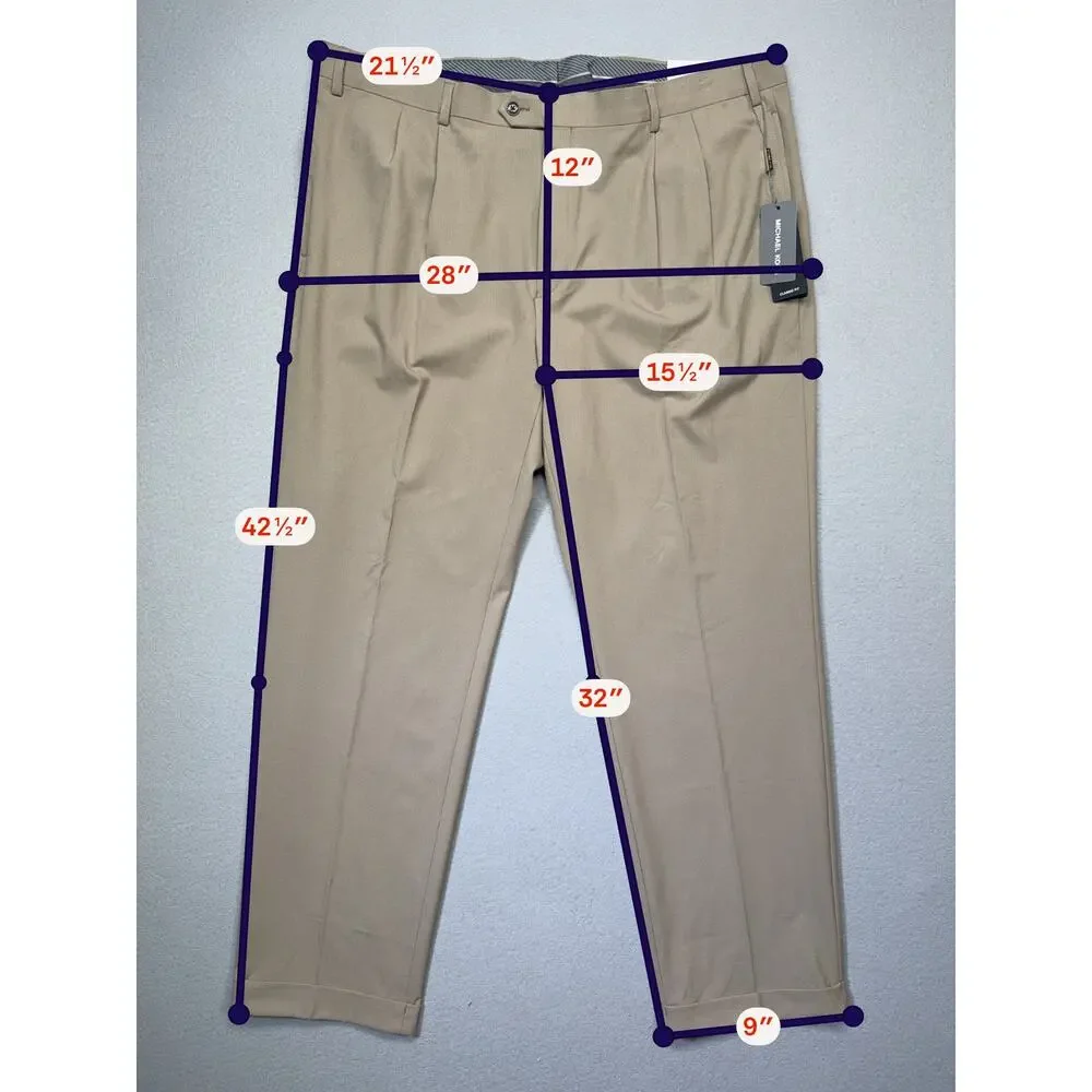 Michael Kors Men's Pleated Solid Classic Fit Pants Tan 40x32 $95
